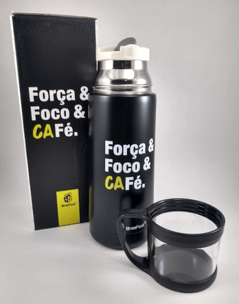 GARRAFA TERMICA COM CANECA -  FOCO, FORCA E CAFE