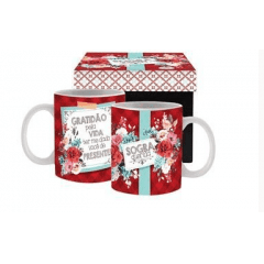 CANECA CERÂMICA SOGRA QUERIDA FLORAL VERMELHO