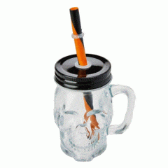 CANECA DE VIDRO COM TAMPA E CANUDO CAVEIRA ROCK STYL