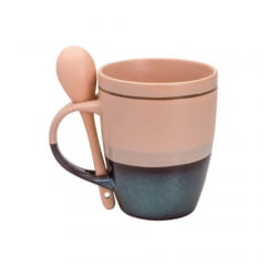 CANECA PORCELANA C/COLHER RIBBON SALMAO 330ML