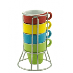 CONJUNTO 4 XICARAS PORCELANA PARA CAFÉ COM SUPORTE COLORIDAS 