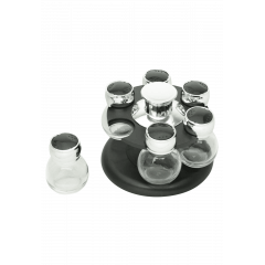 CONJUNTO 7 POTES VIDRO BOROSSILICATO COM TAMPA DE PLÁSTICO E BASE GIRATÓRIA PRETO