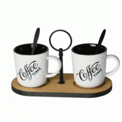 CONJUNTO PARA CAFÉ COM SUPORTE BAMBU MOLDURA DE METAL 