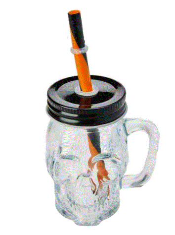 CANECA DE VIDRO COM TAMPA E CANUDO CAVEIRA ROCK STYL