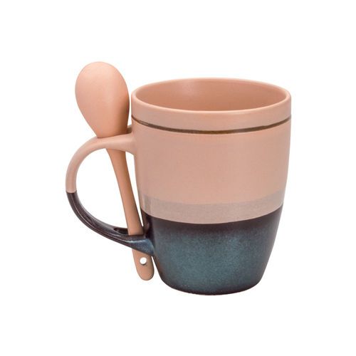 CANECA PORCELANA C/COLHER RIBBON SALMAO 330ML