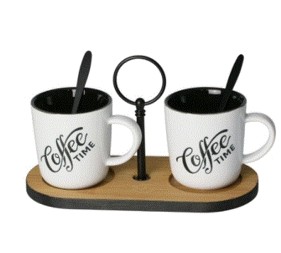 CONJUNTO PARA CAFÉ COM SUPORTE BAMBU MOLDURA DE METAL 