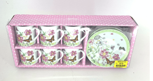 CONJUNTO CAFÉ COM 6 XICARA E PIRES BORBOLETAS